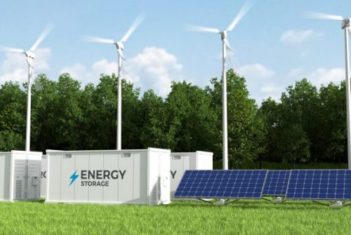 Energy storage systems with wind turbines and solar farms, Solar panels, Green alternative energy concept. 3D illustration
